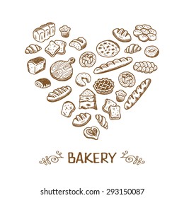 Hand drawn bakery heart poster. Bakery concept made in vector. Baguette, bun, croissant, pie, tart, toast, bagel, pretzel, focaccia, bread and other bakery products.