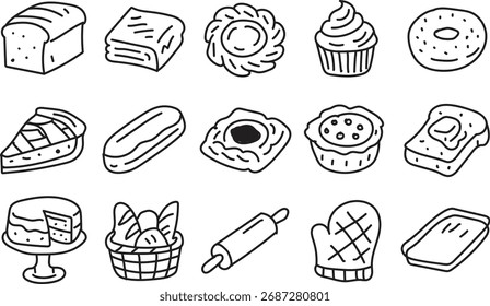 Hand Drawn Bakery Icons Set – Bread, Pastry, Cake, and Dessert Food Sketch Symbols