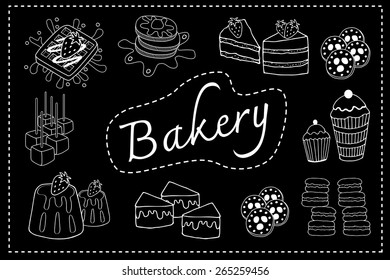 Hand drawn bakery menu set collection in black board doodle with white line illustration vector sign 