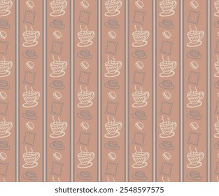 Padaria desenhada à mão objetos padrão sem costura. Biscoito, biscoitos e xícara de papel de parede padrão