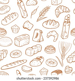 Hand drawn bakery on white background. Seamless pattern background.