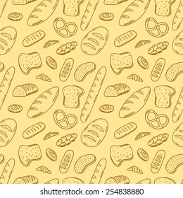 Hand drawn bakery on white background. Seamless pattern with bread. Bakery concept made in vector. Baguette, bun, croissant, bread and other bakery products.