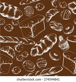 Hand drawn bakery on white background. Seamless pattern background.