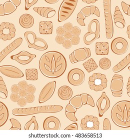 Hand drawn bakery on white background. Seamless pattern with bread - Vector illustration