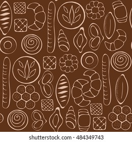 Hand drawn bakery on white background. Seamless pattern with bread - Vector illustration