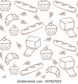 Hand drawn bakery on white background. Seamless pattern background.
