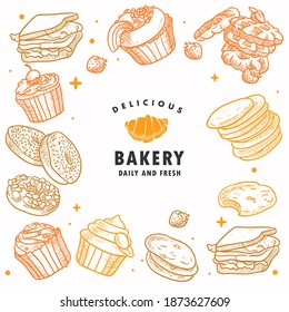 Handgezeichnete Bäckerei, Gebäck, Frühstück, Brot, Süßigkeiten, Nachtisch, Illustration Hintergrund Vorlagendesign für Menü, Werbung und Broschüre