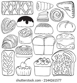 Hand drawn bakery or pastry food set. Vector illustration in doodle art style on white background