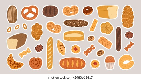 Hand drawn bakery pastry product set. Rye, wheat and whole grain bread, french baguette, whole wheat loaf, bagel, croissant, toast, pretzel, ciabatta, donut, cookie. Vector flat illustration.