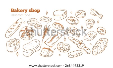 Hand drawn bakery and pastry set. Vector collections of bread, buns, croissant and other types of baked food. Sketch doodle style ink illustration.