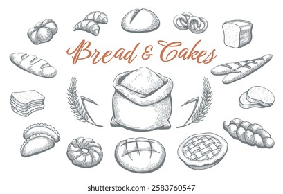 Hand drawn bakery products. Bakeshop products sketch with wording bread and cakes isolated vector illustration