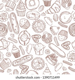 Hand drawn bakery products. Cookies, cakes, muffins. Vector  seamless pattern