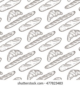 Hand drawn Bakery products. French Pastries Vector Seamless pattern. Bread, baguette and croissant