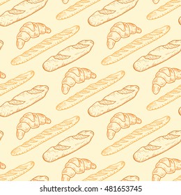 Hand drawn Bakery products. French Pastries Vector Seamless pattern. Bread, baguette and croissant