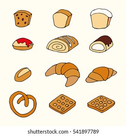 Hand drawn bakery products set, roll, croissant, waffle, pretzel, cake. Simple illustration, cafe desserts.