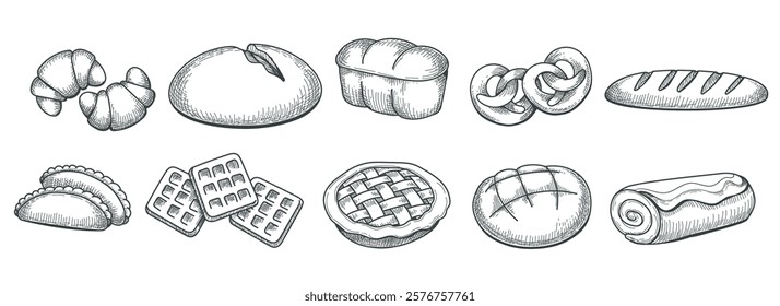 Hand drawn bakery products sketches. Pastries croissant bread buns grated pie french baguettes rye bread chocolate roll isolated vector illustration