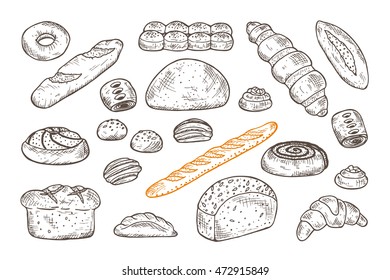 Hand drawn Bakery products and Sweet Pastries Vector Set. Bread, rolls, baguette, donut, pie, croissant