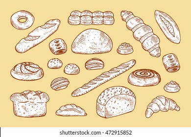 Hand drawn Bakery products and Sweet Pastries Vector Set. Bread, rolls, baguette, donut, pie, croissant