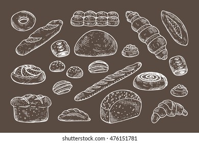 Hand drawn Bakery products and Sweet Pastries Vector Set. Bread, rolls, baguette, donut, pie, croissant