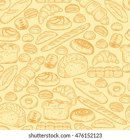 Hand drawn Bakery products and Sweet Pastries. Bread Seamless pattern. Vector illustration