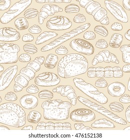 Hand drawn Bakery products and Sweet Pastries. Bread Seamless pattern. Vector illustration