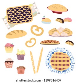 Hand drawn bakery products vector isolated on white background. Pies, cupcakes, cinnamon buns and chocolate rolls, bread, baguette illustration. Homemade pastry elements with sweet details
