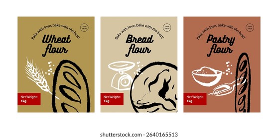 Hand drawn bakery retro poster set. Wheat flour packaging design. Vintage sketch vector illustration