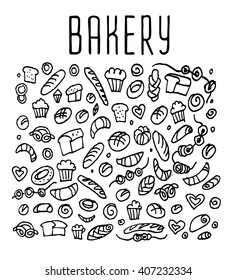 Hand drawn bakery seamless logo, doodles elements, seamless background. Vector sketchy illustration 