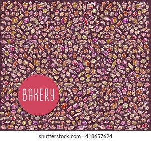 Hand drawn bakery seamless logo,  doodles elements,  seamless background. Vector sketchy illustration 