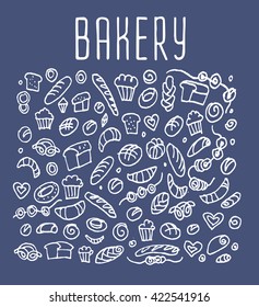 Hand drawn bakery seamless logo,  doodles elements,  seamless background. Vector sketchy illustration 