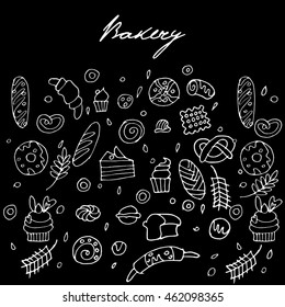 Hand drawn bakery seamless logo, doodles elements, seamless background. Vector sketchy illustration