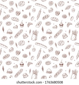 Panadería dibujada a mano sin fisuras, fondo de elementos de garabatos. Ilustración escéptica del vector