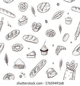 Panadería dibujada a mano sin fisuras, fondo de elementos de garabatos. Ilustración escéptica del vector