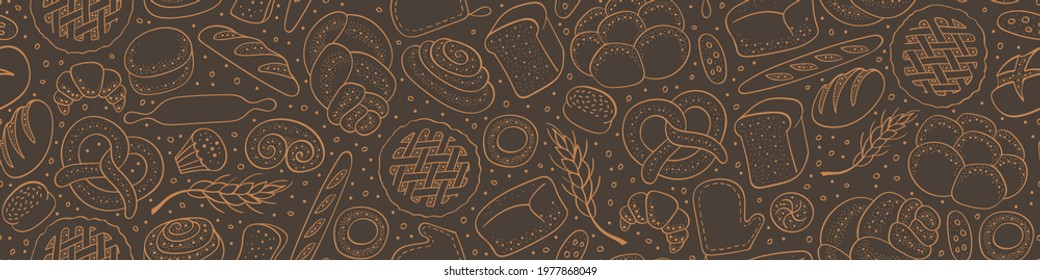 Hand drawn bakery seamless pattern. Horizontal border with food doodles. Vector illustration.