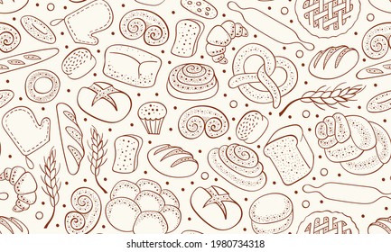 Hand drawn bakery seamless pattern. Horizontal border with food doodles. Vector illustration.