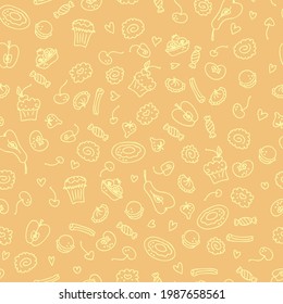 Hand drawn bakery seamless pattern background. Perfect for scrapbooking, textile and prints. Hand drawn vector illustration for decor and design.

