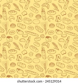 Hand Drawn Bakery Seamless Pattern Background.