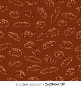 Hand drawn bakery seamless pattern background. Bread line art motif. Wallpaper, backdrop, packaging, food wrapper