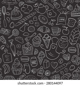 Hand drawn Bakery Seamless Pattern. Vector repeating background with baked cakes, fruit, kitchen tools