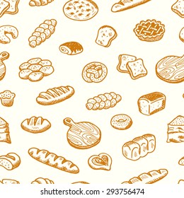 Hand drawn bakery. Seamless pattern with bread. Bakery concept made in vector. Baguette, bun, croissant, pie, tart, toast, bagel, pretzel, focaccia, bread and other bakery products.