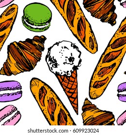Hand drawn bakery seamless pattern background. Ice cream, makarons, baguette, croissant. Wallpaper for cafe, bakeries, kitchens.