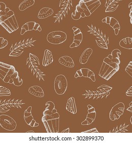 Hand drawn bakery seamless pattern.Background for surfaces, wallpaper and textiles. Vector illustration. 