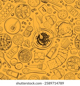 Hand Drawn Bakery Seamless Vector Pattern in Line Style