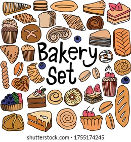 Hand drawn bakery set in doodle art style,vector illustration on white background