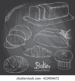 hand drawn bakery set on blackboard