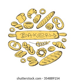 Hand drawn bakery set in round frame