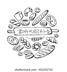 hand drawn bakery set in round frame