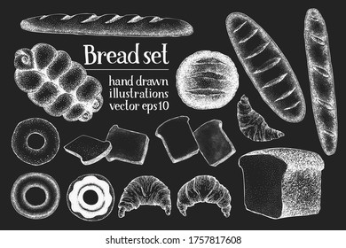 Hand drawn bakery set. Vector bakery illustrations on chalk board. Vintage  food background