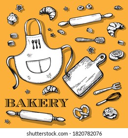 Hand drawn bakery set. Vector illustration isolated on yellow background. Collection of confectionery and kitchen stuff: apron, rolling pins, cinnamon rolls, croissant, macaroons, cupcakes, cookies.  