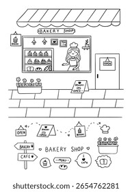 Conjunto de conceito de doodle de linha de elemento de padaria desenhado à mão. Design vetorial de ilustração.